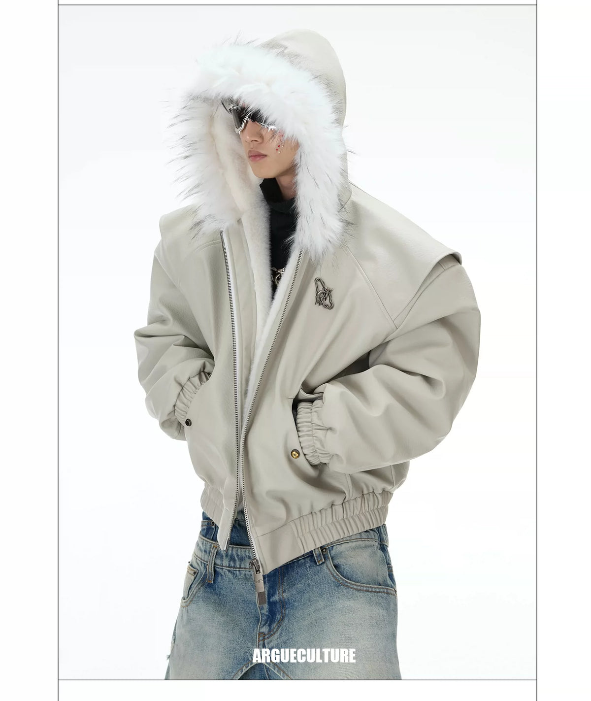 Reversible Hooded PU Padded Jacket in Black or Beige - description image 17