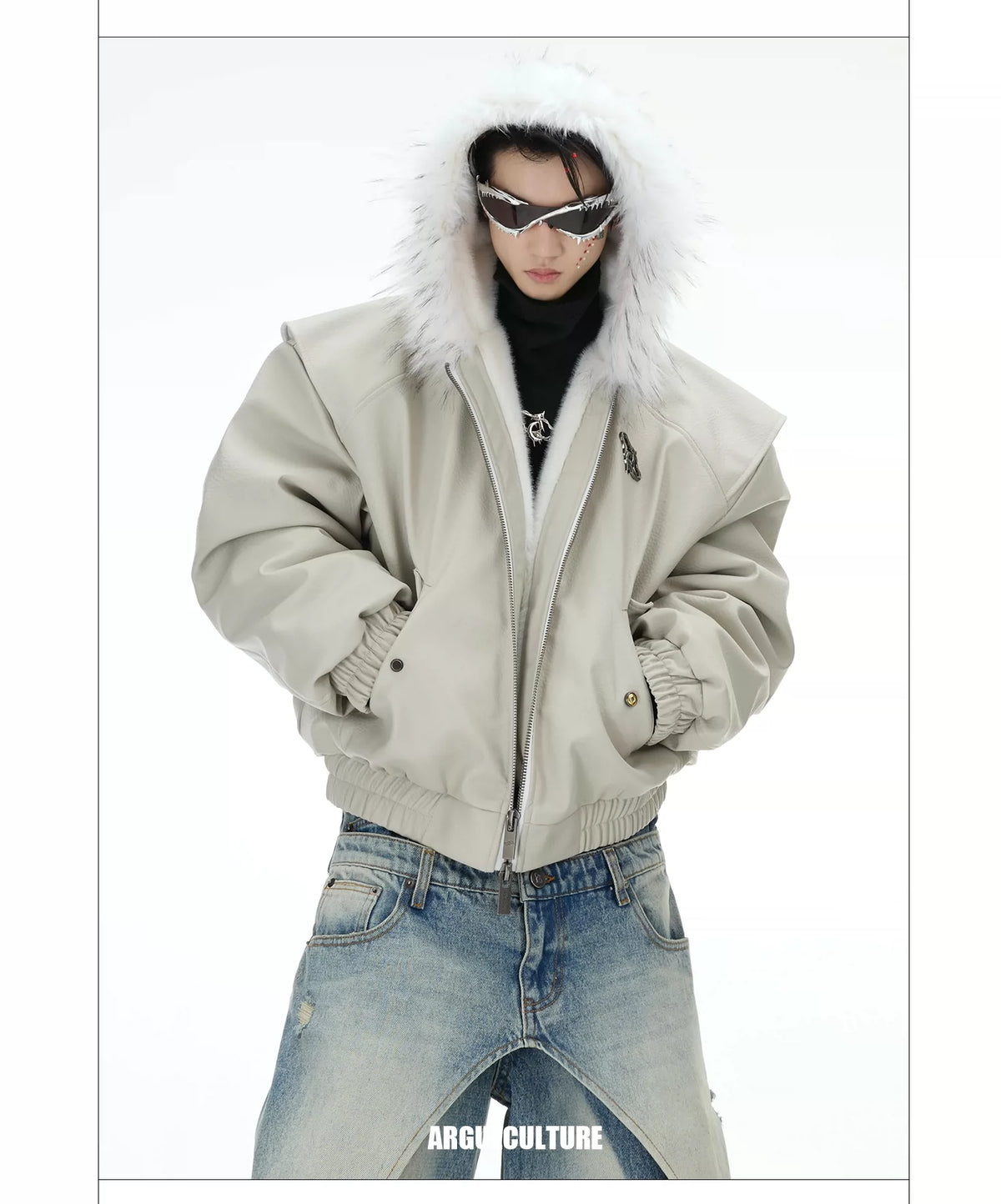 Reversible Hooded PU Padded Jacket in Black or Beige - description image 20