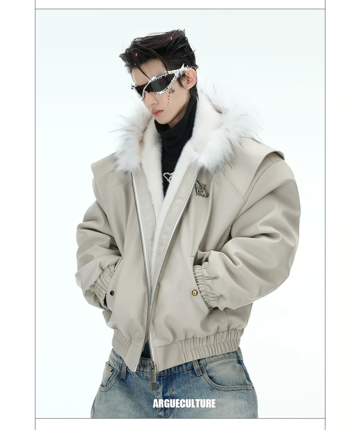 Reversible Hooded PU Padded Jacket in Black or Beige - description image 24