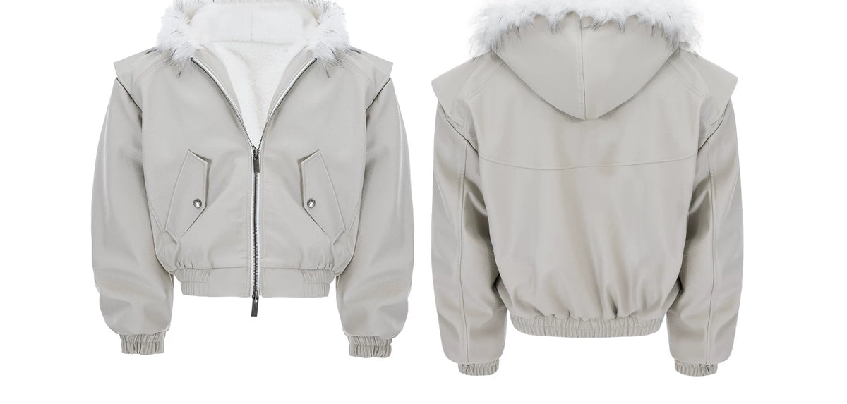 Reversible Hooded PU Padded Jacket in Black or Beige - description image 27
