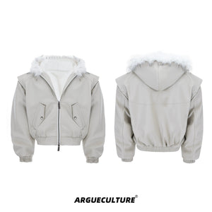 Reversible Hooded PU Padded Jacket in Black or Beige - Beige