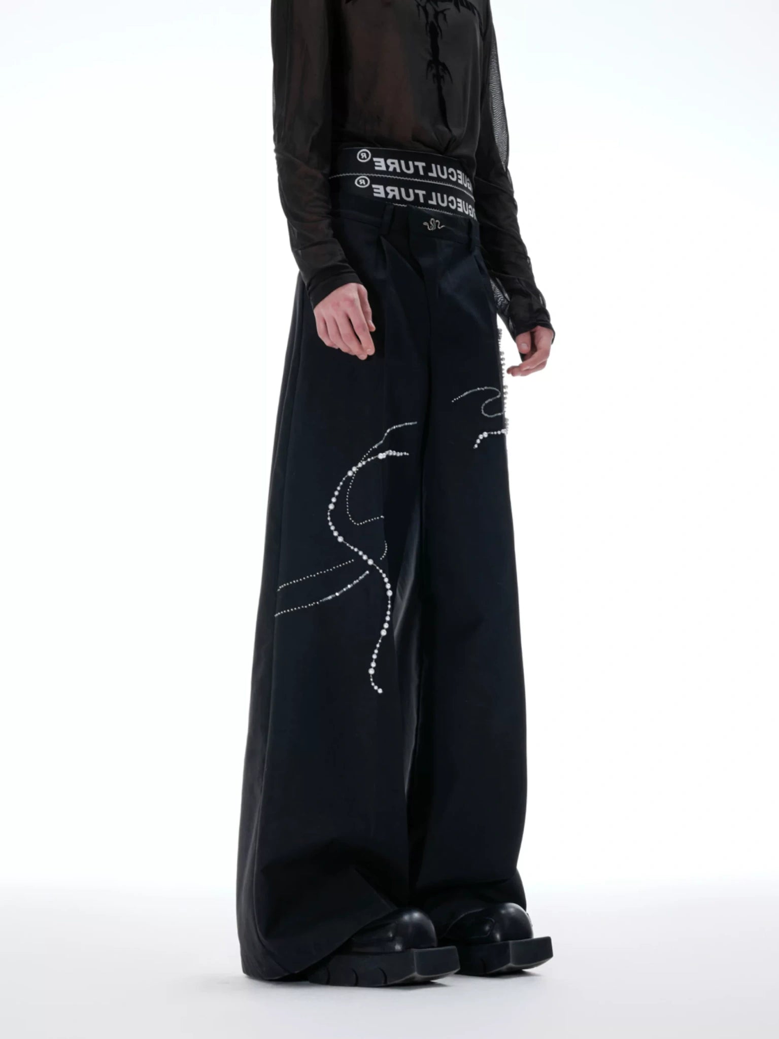 Wide-Leg Trousers with Snake Logo and Pearl Chain - main image 2