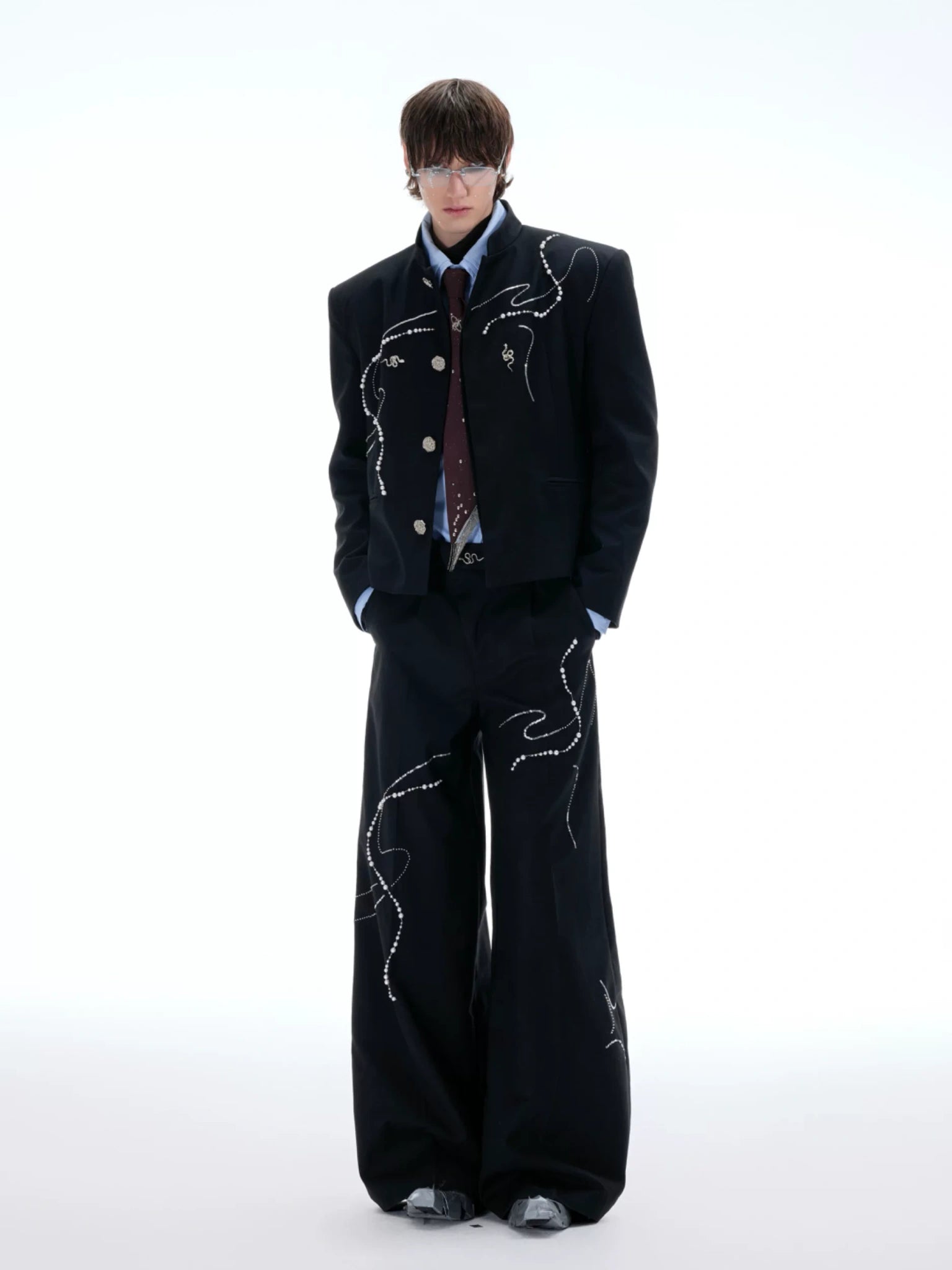 Wide-Leg Trousers with Snake Logo and Pearl Chain - main image 4