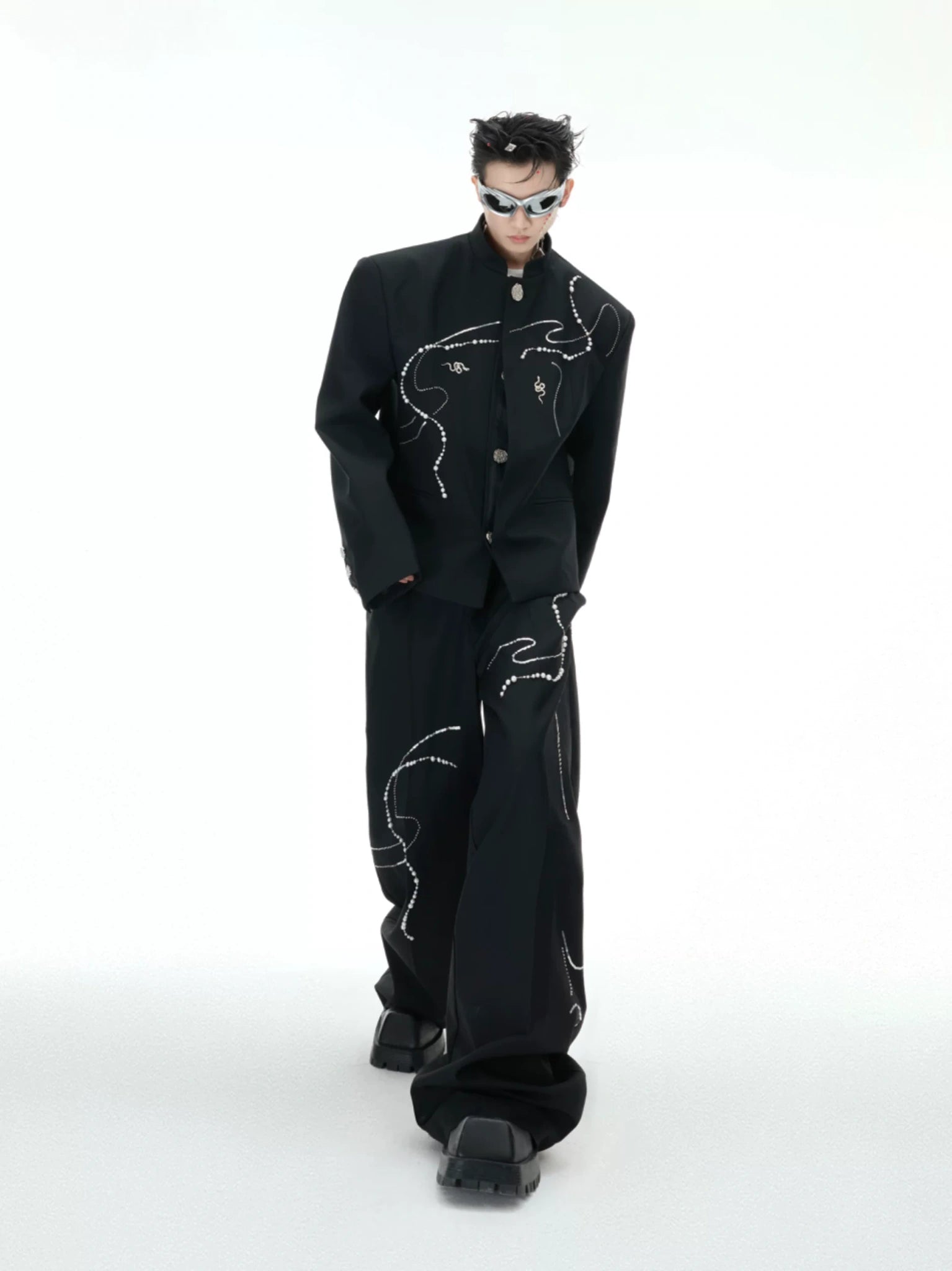 Wide-Leg Trousers with Snake Logo and Pearl Chain - main image 5