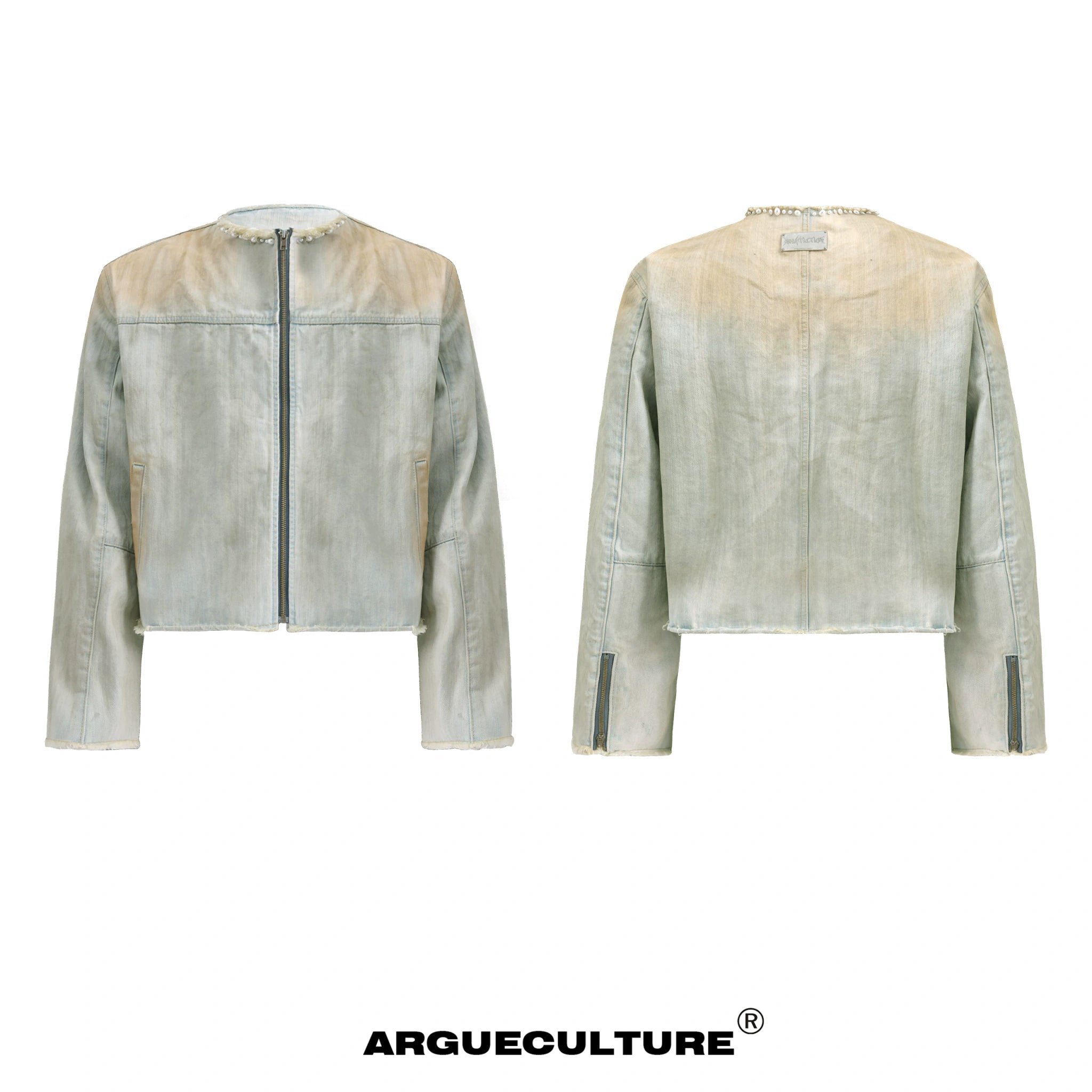 Pearl-Embellished Washed Denim Jacket and Flared Jeans - Washed Blue Jacket