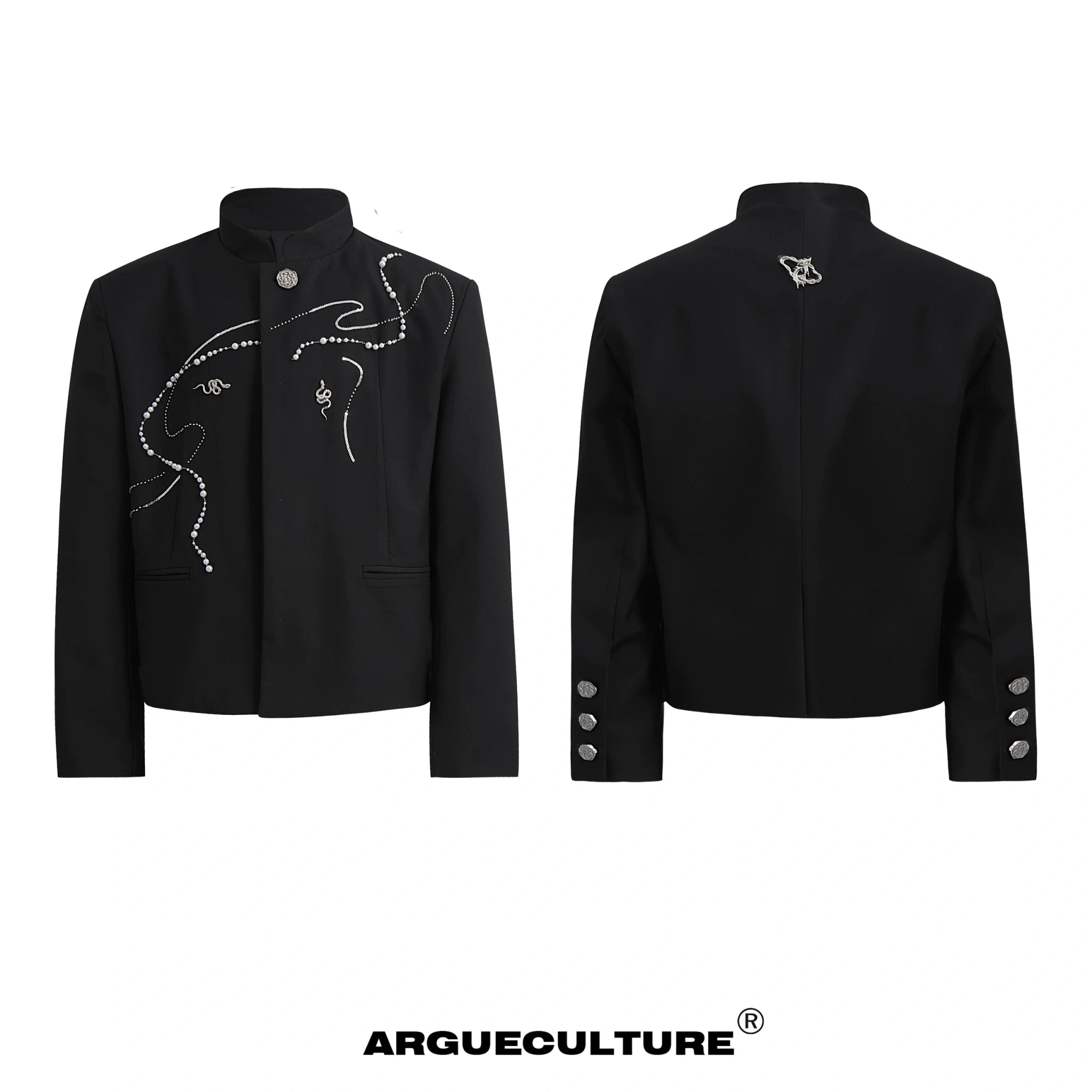 Snake Motif Relaxed Suit Jacket and Wide-Leg Bottoms - Black Jacket