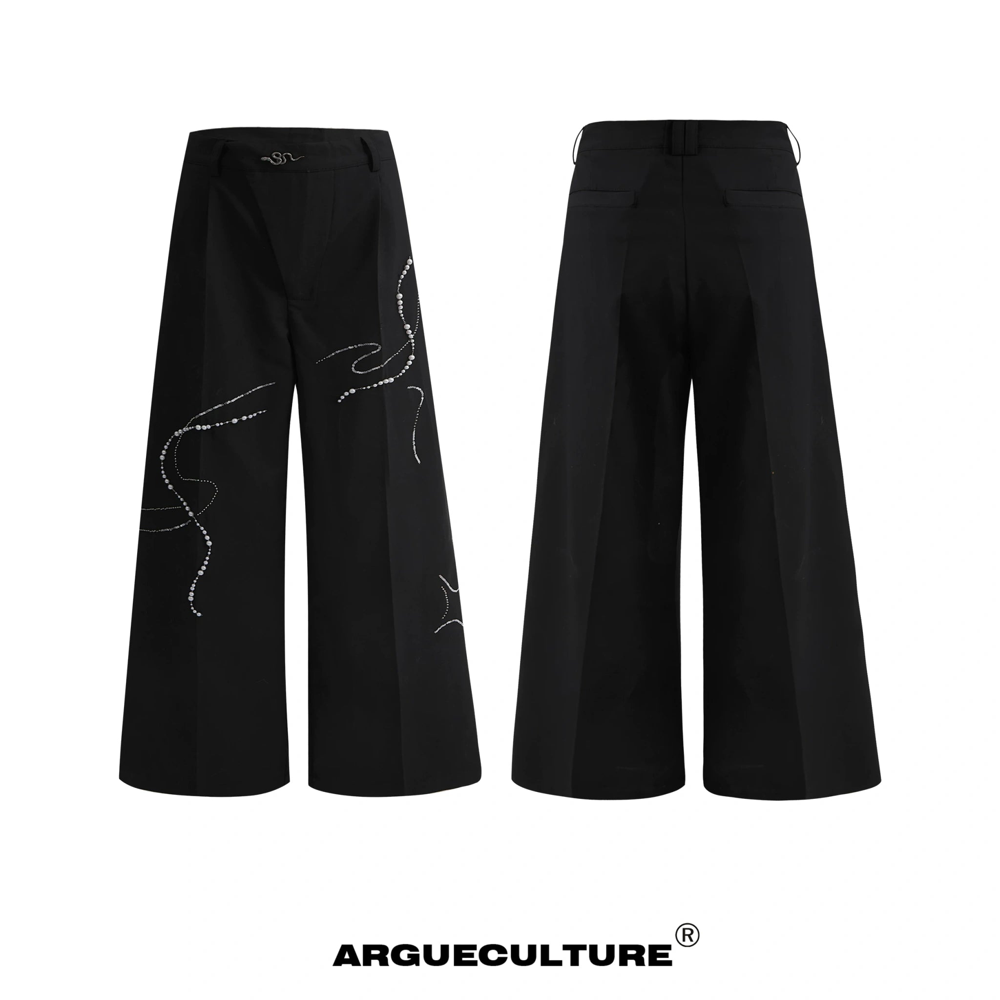 Snake Motif Relaxed Suit Jacket and Wide-Leg Bottoms - Black Bottoms