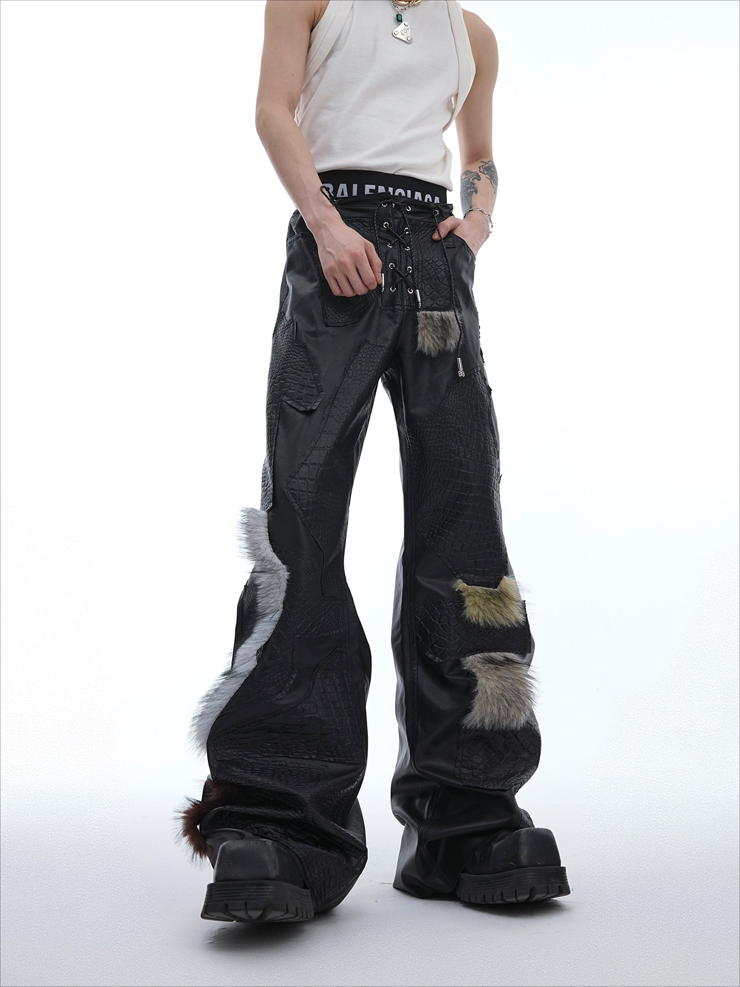 Avant-Garde PU Leather Pants with Flared Hem and Textured Details - ArgueCulture