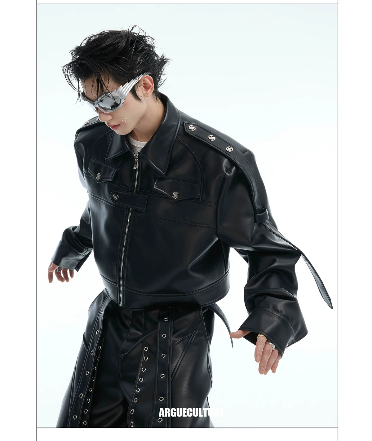 Deconstructed Metal Detail Cropped PU Jacket - description image 2