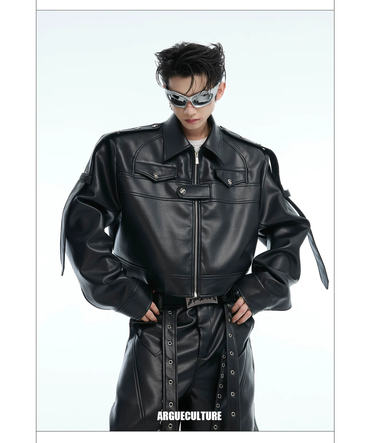 Deconstructed Metal Detail Cropped PU Jacket - description image 3