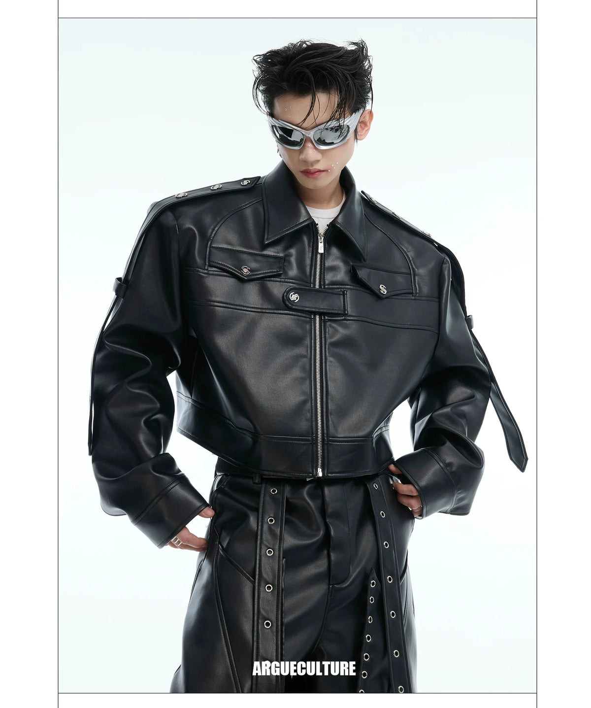Deconstructed Metal Detail Cropped PU Jacket - description image 4