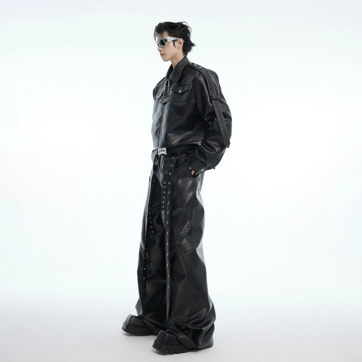 Deconstructed Metal Detail Cropped PU Jacket - main image 5
