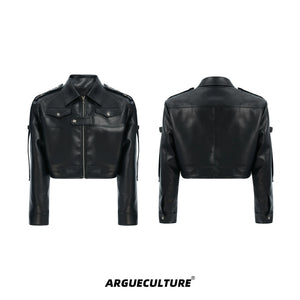 Deconstructed Metal Detail Cropped PU Jacket - Black Jacket