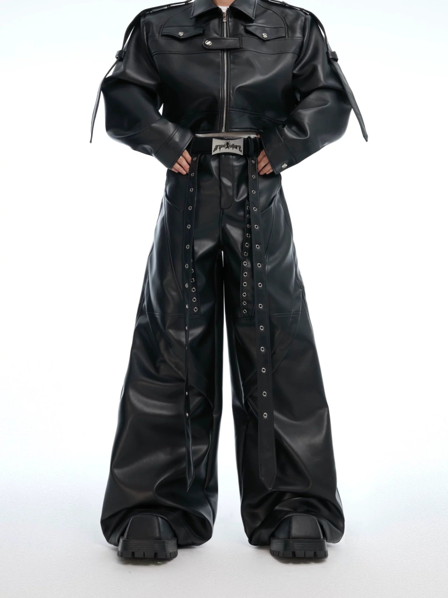 Deconstructed Studded Wide-Leg PU Pants in Black - main image 1