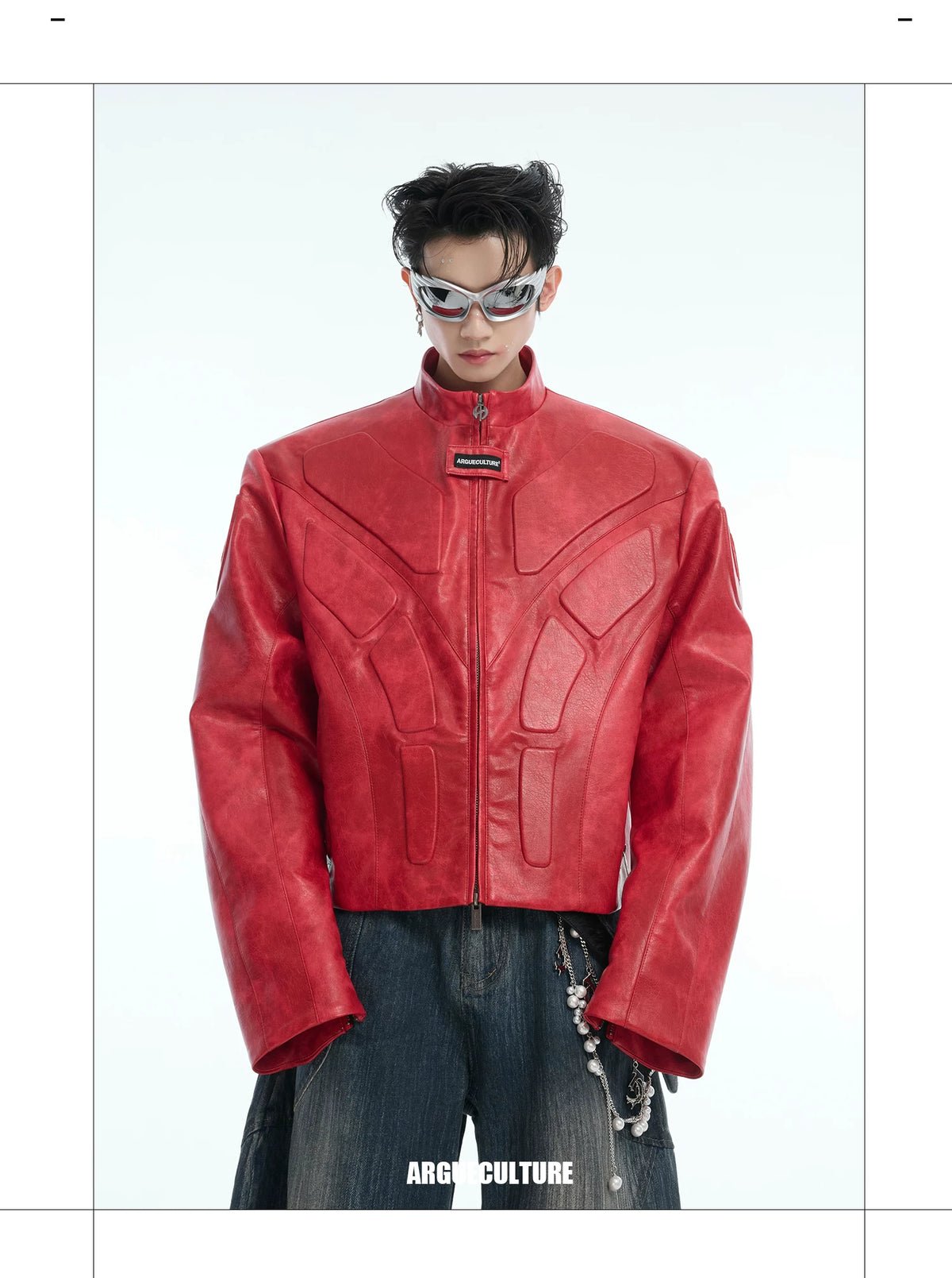 Deconstructed Relief Stand-Collar PU Jacket - description image 1