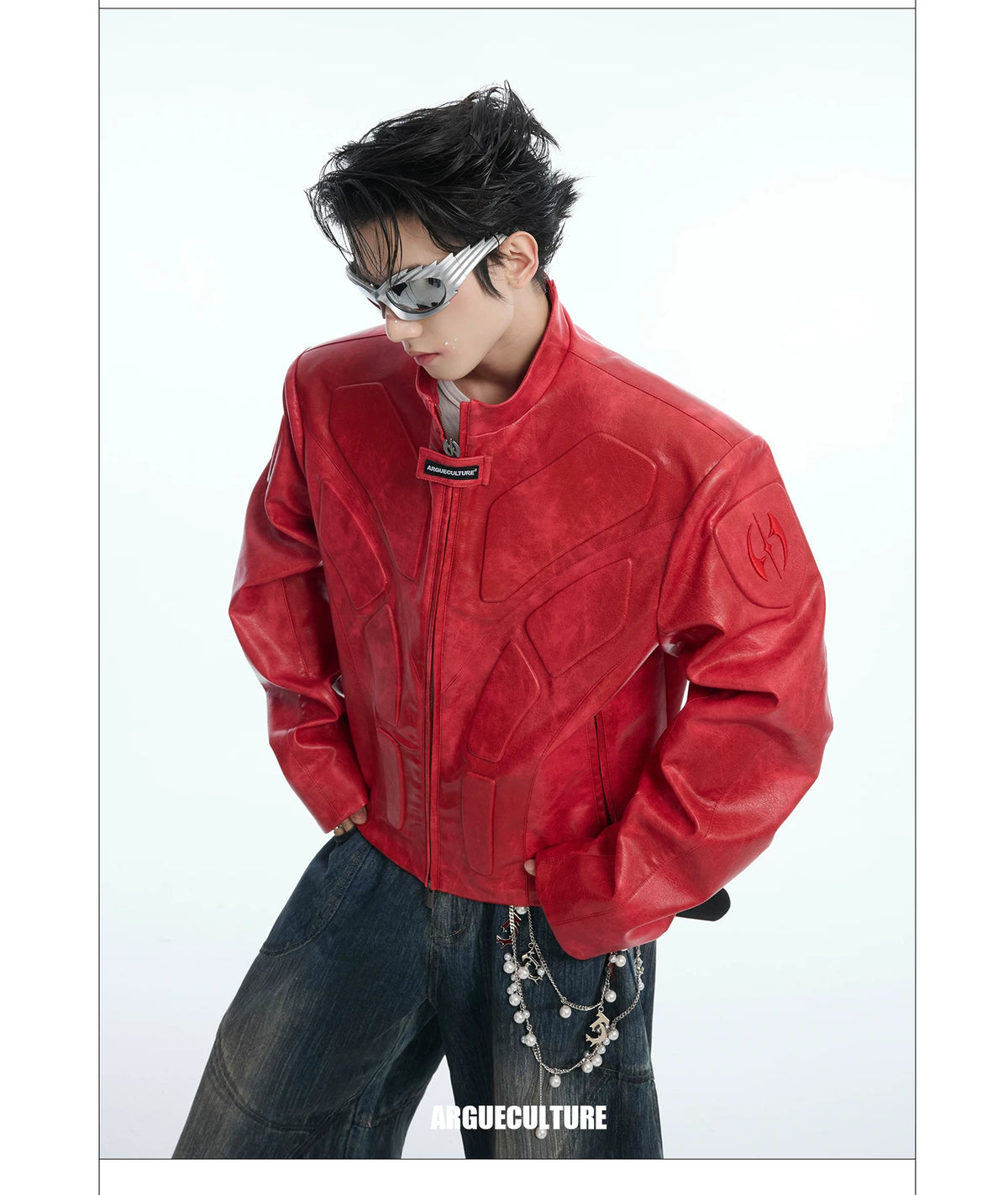 Deconstructed Relief Stand-Collar PU Jacket - description image 2