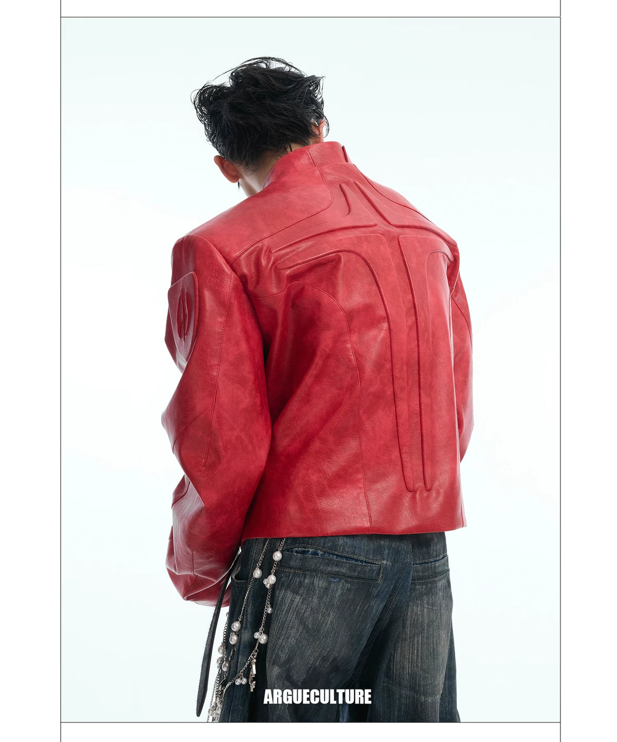 Deconstructed Relief Stand-Collar PU Jacket - description image 3
