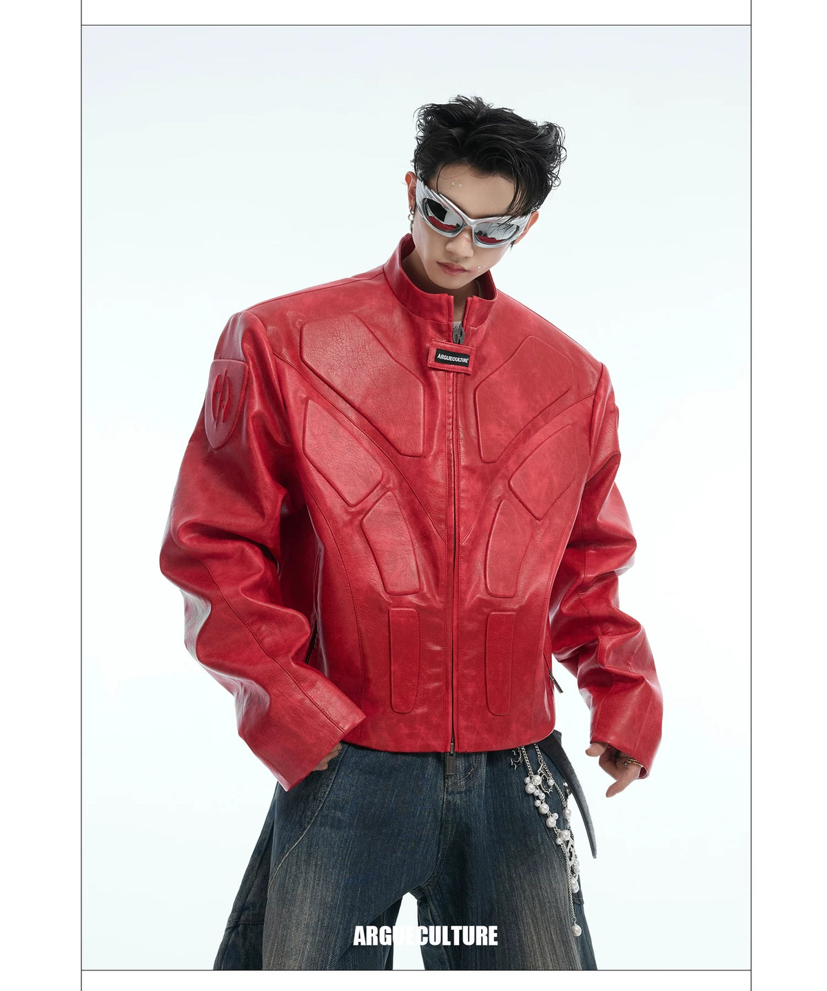 Deconstructed Relief Stand-Collar PU Jacket - description image 4