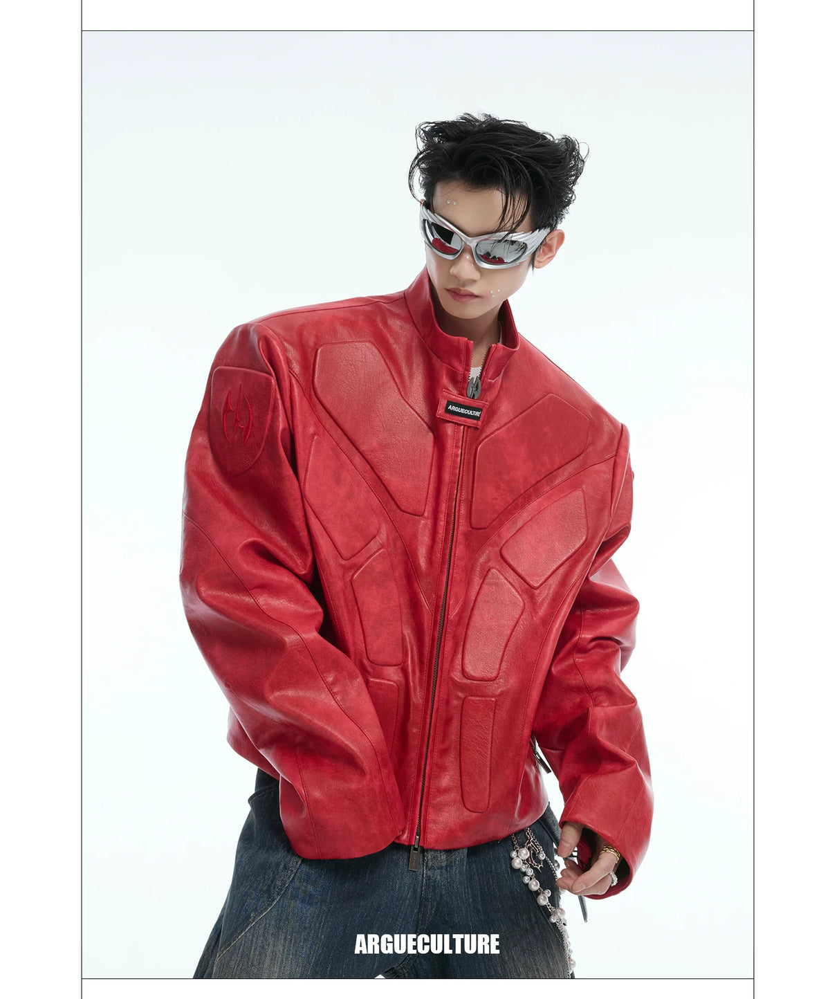 Deconstructed Relief Stand-Collar PU Jacket - description image 5