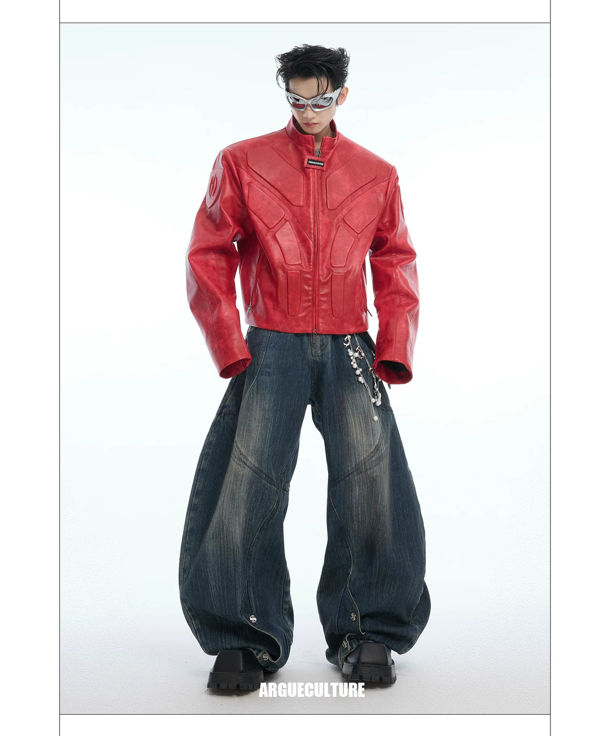 Deconstructed Relief Stand-Collar PU Jacket - description image 6