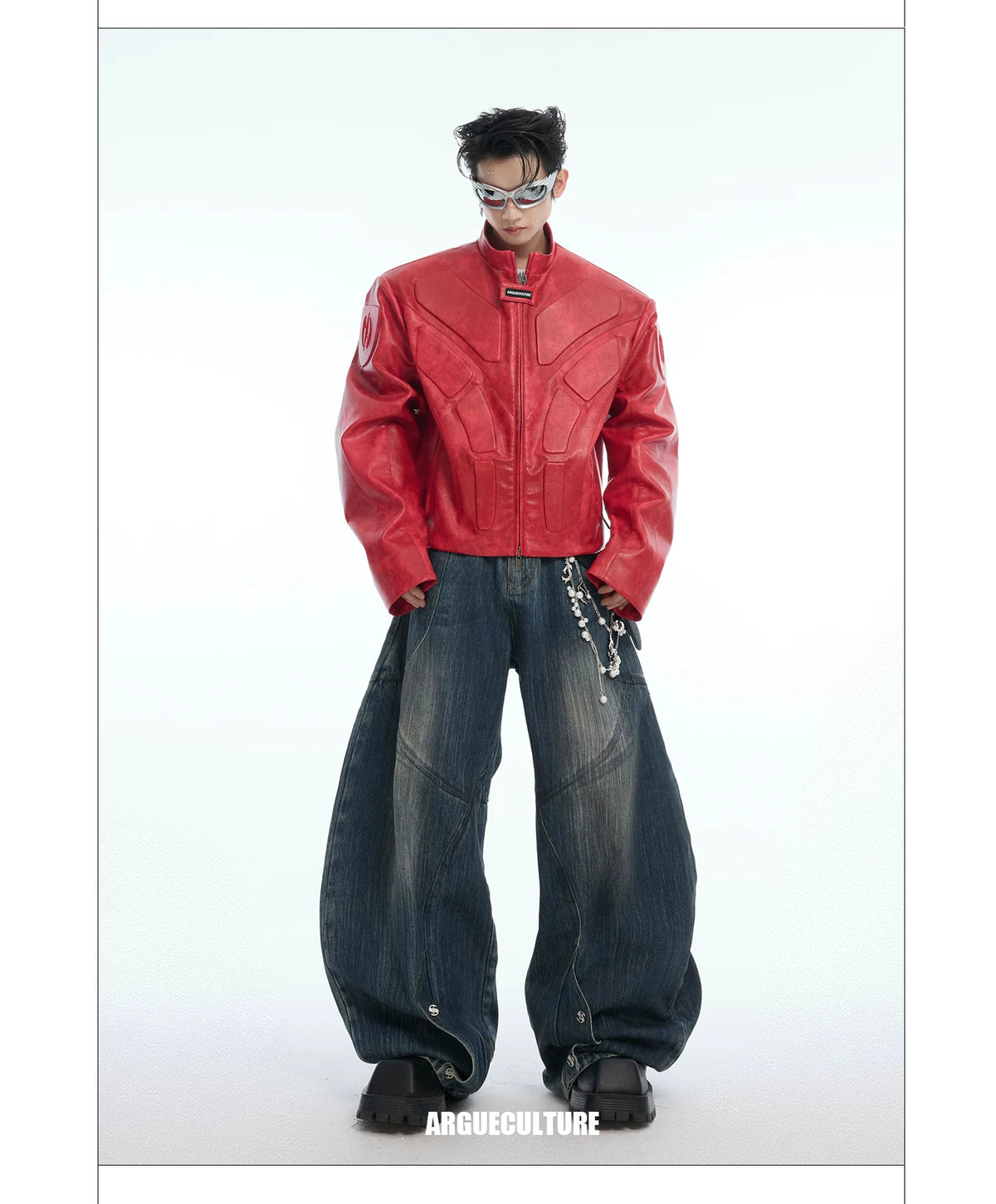 Deconstructed Relief Stand-Collar PU Jacket - description image 7