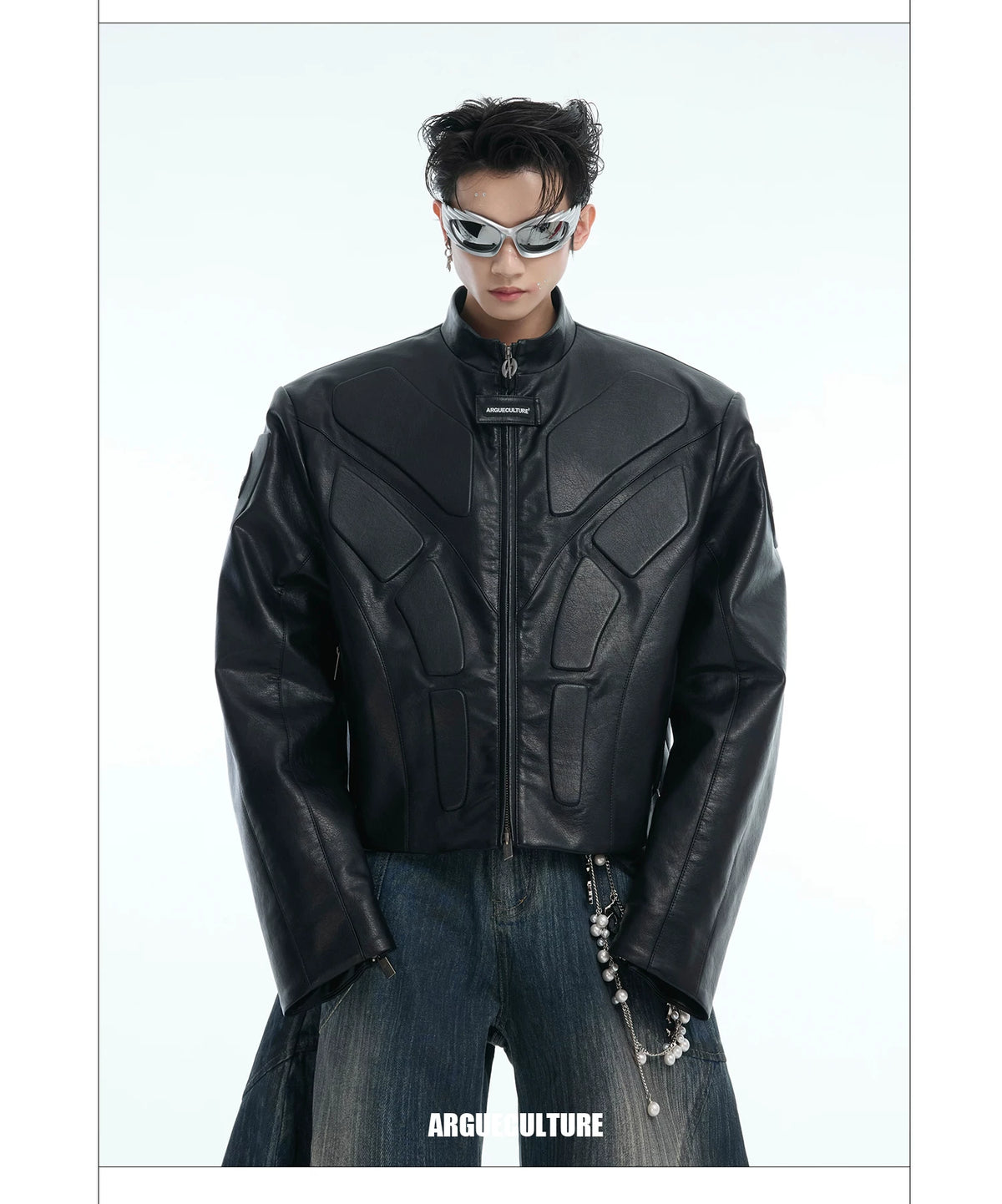 Deconstructed Relief Stand-Collar PU Jacket - description image 8