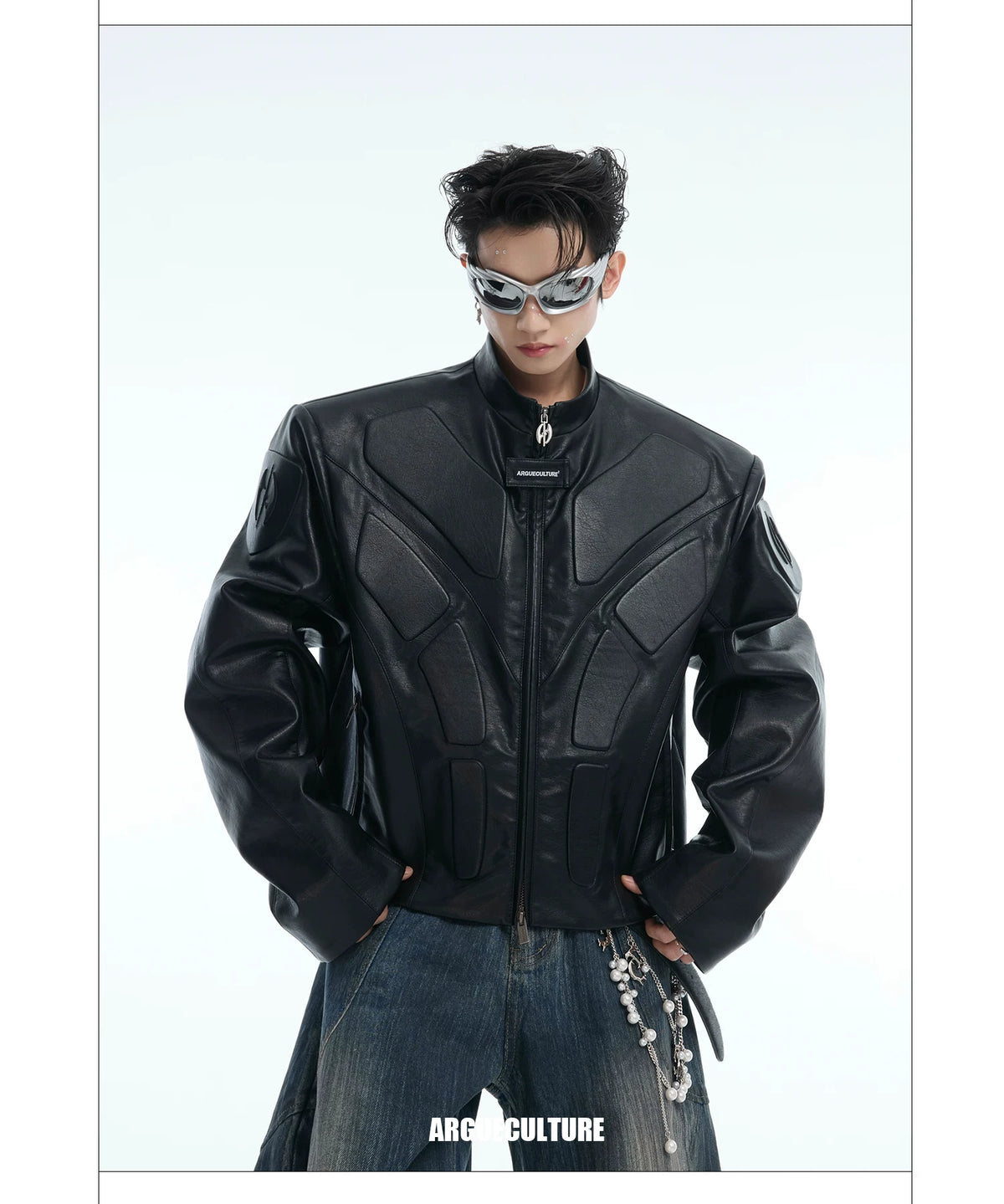Deconstructed Relief Stand-Collar PU Jacket - description image 9