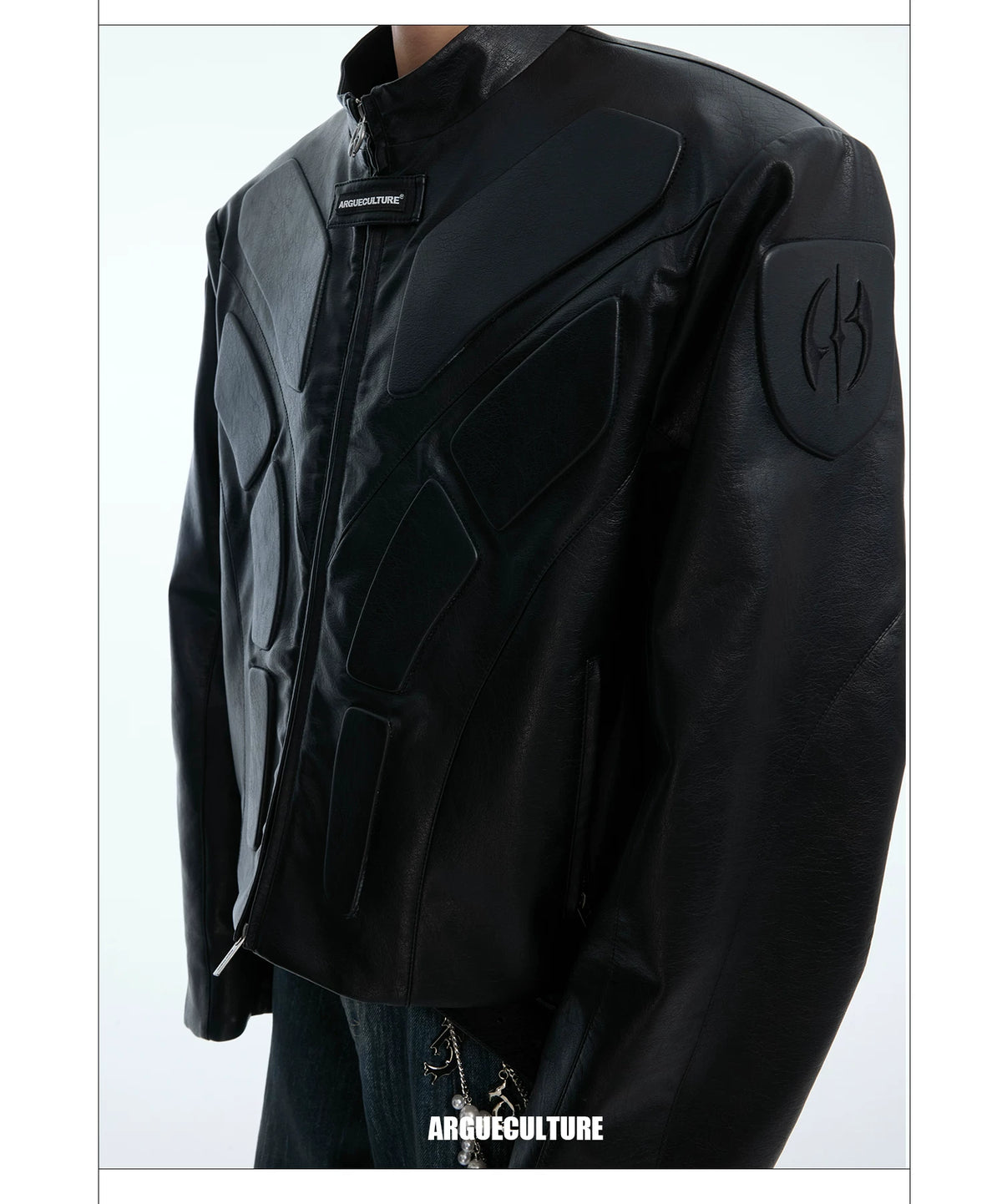 Deconstructed Relief Stand-Collar PU Jacket - description image 10
