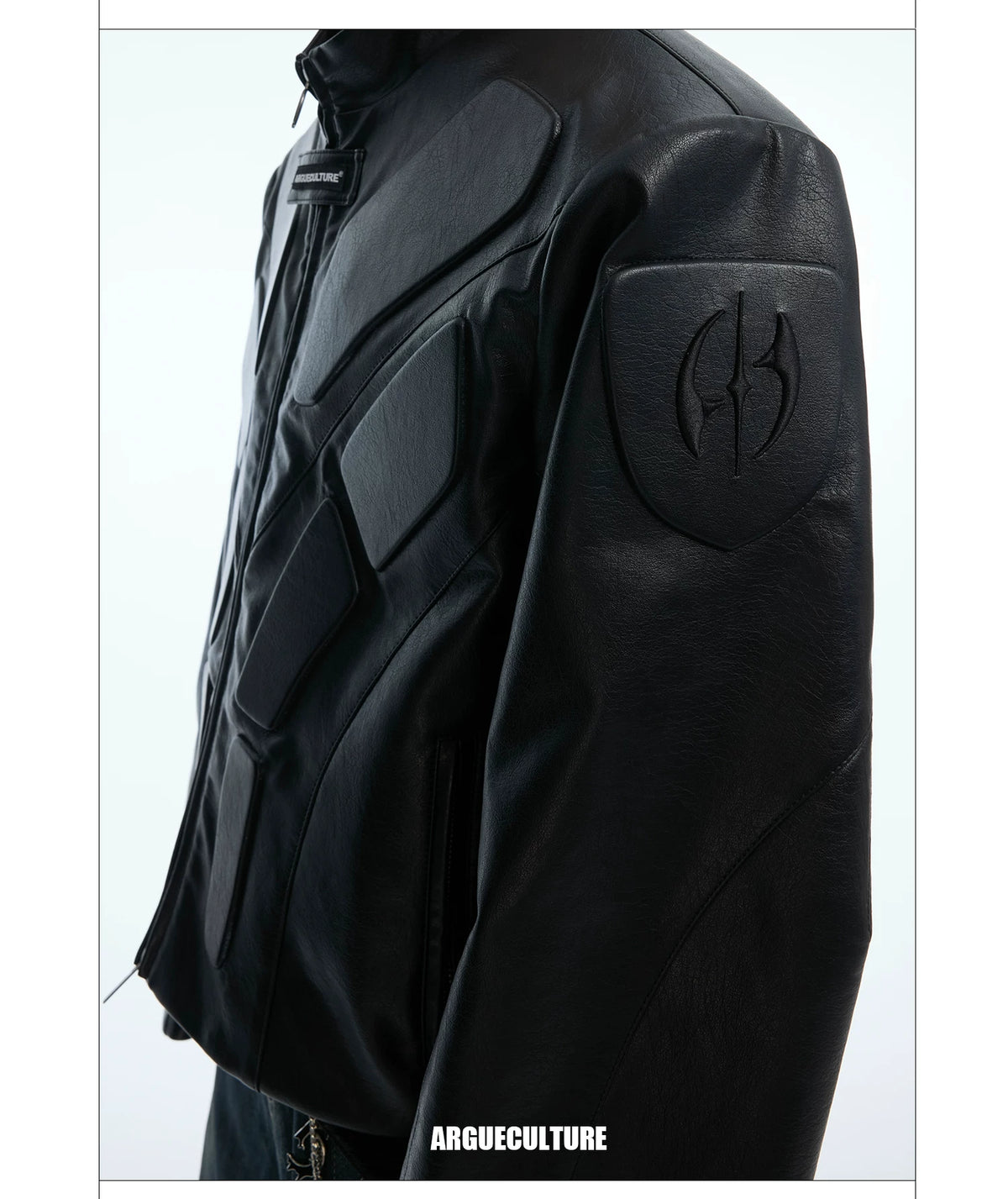 Deconstructed Relief Stand-Collar PU Jacket - description image 11