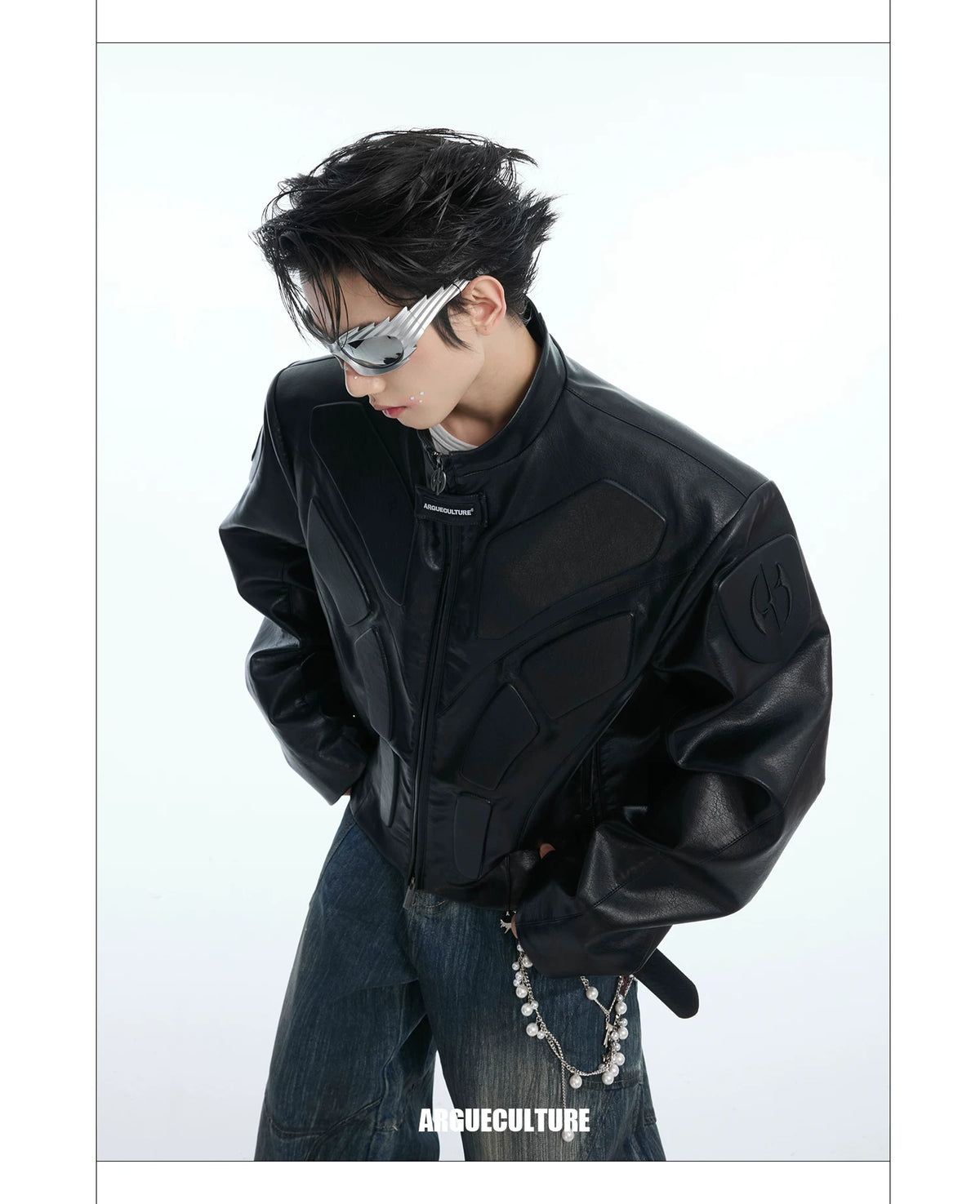 Deconstructed Relief Stand-Collar PU Jacket - description image 12