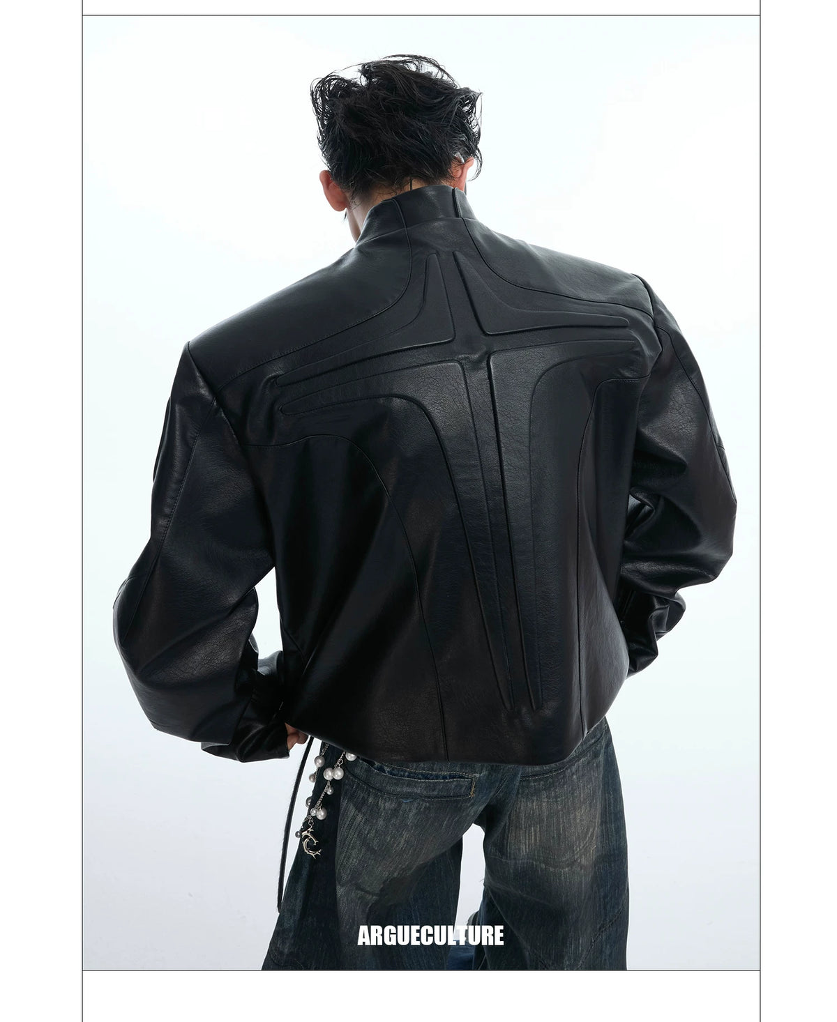 Deconstructed Relief Stand-Collar PU Jacket - description image 13