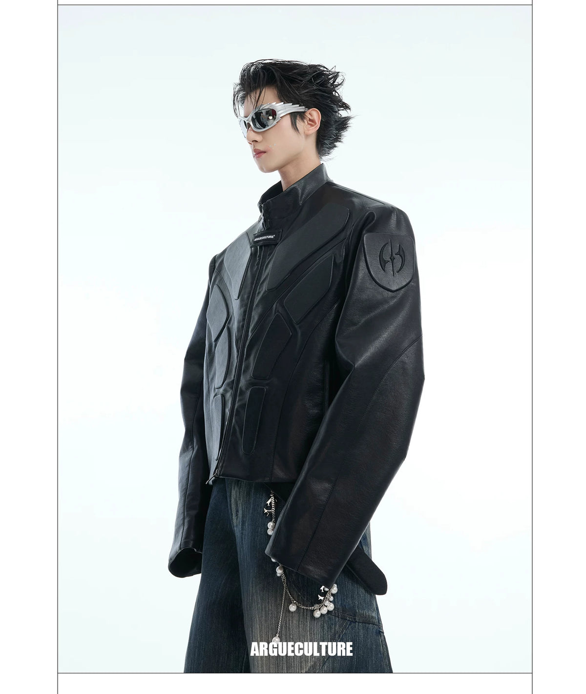 Deconstructed Relief Stand-Collar PU Jacket - description image 14