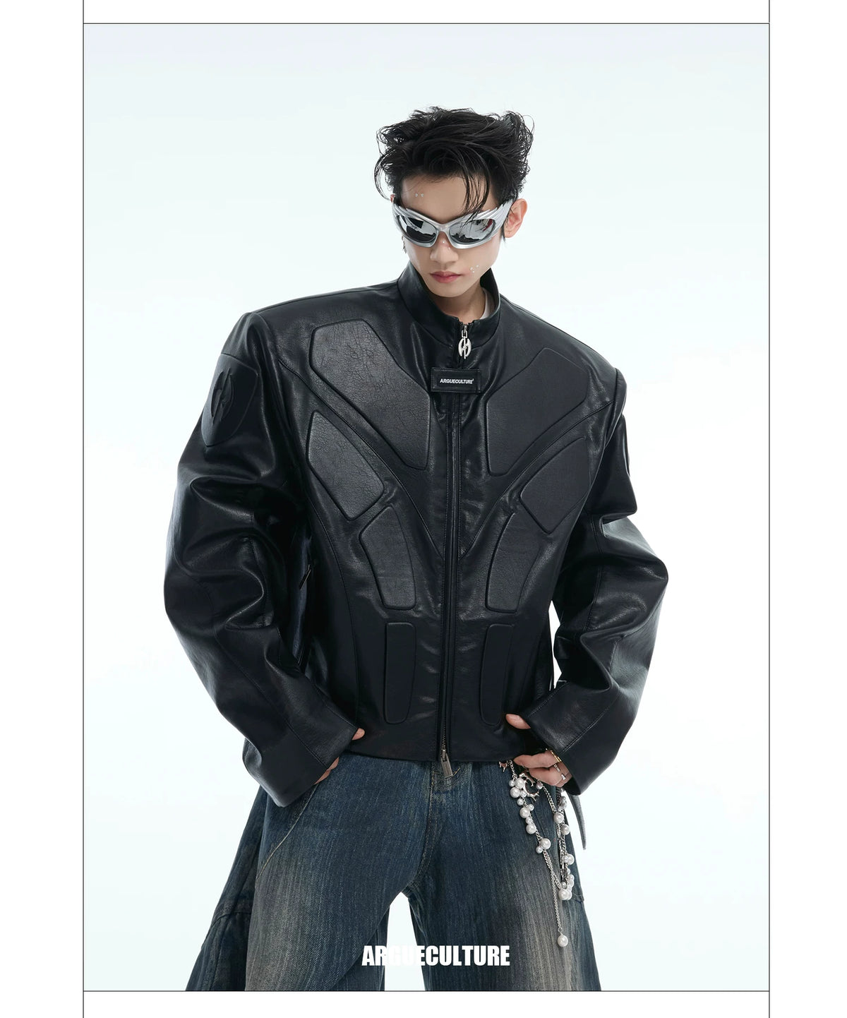 Deconstructed Relief Stand-Collar PU Jacket - description image 15
