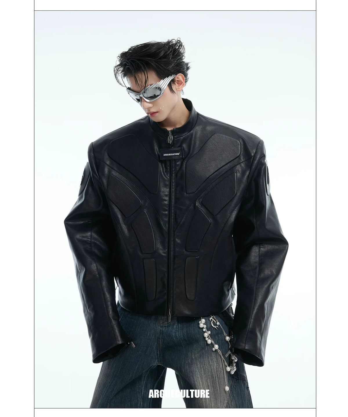 Deconstructed Relief Stand-Collar PU Jacket - description image 16