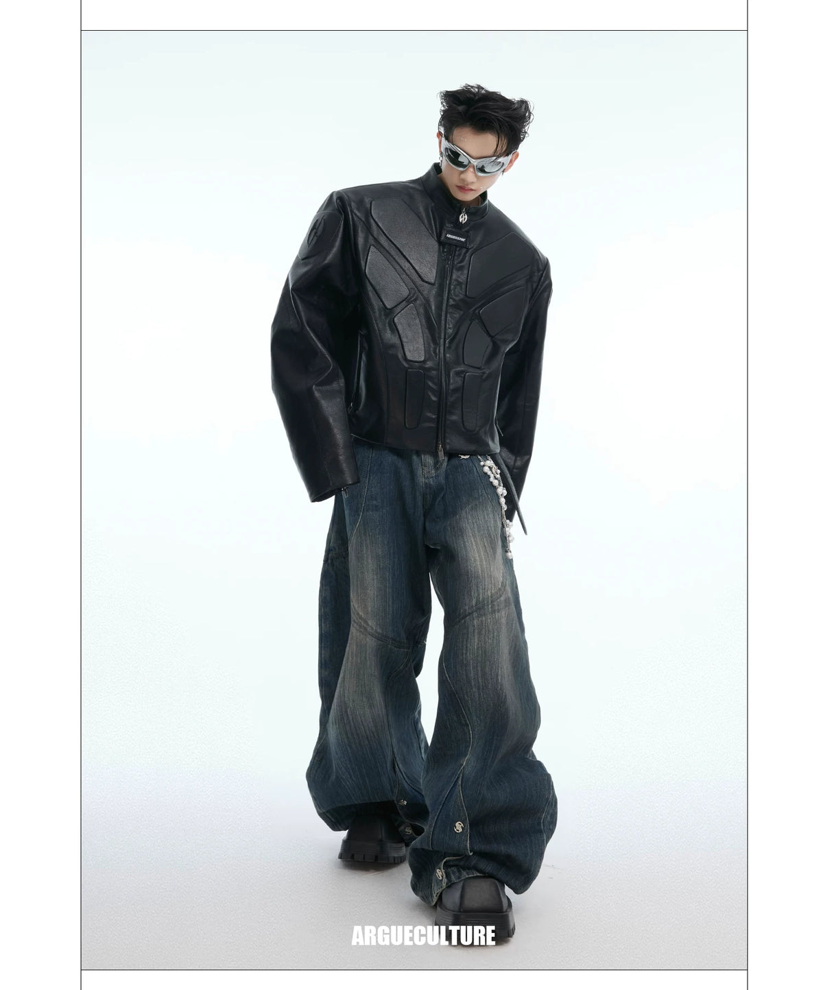 Deconstructed Relief Stand-Collar PU Jacket - description image 17