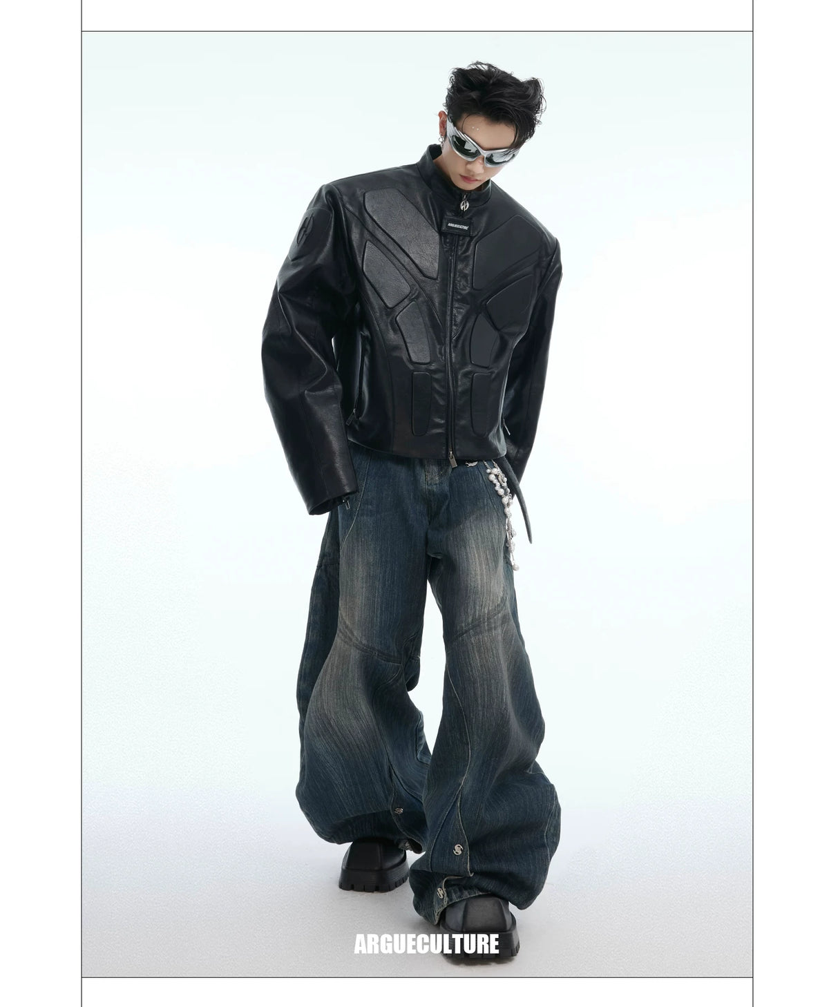 Deconstructed Relief Stand-Collar PU Jacket - description image 18