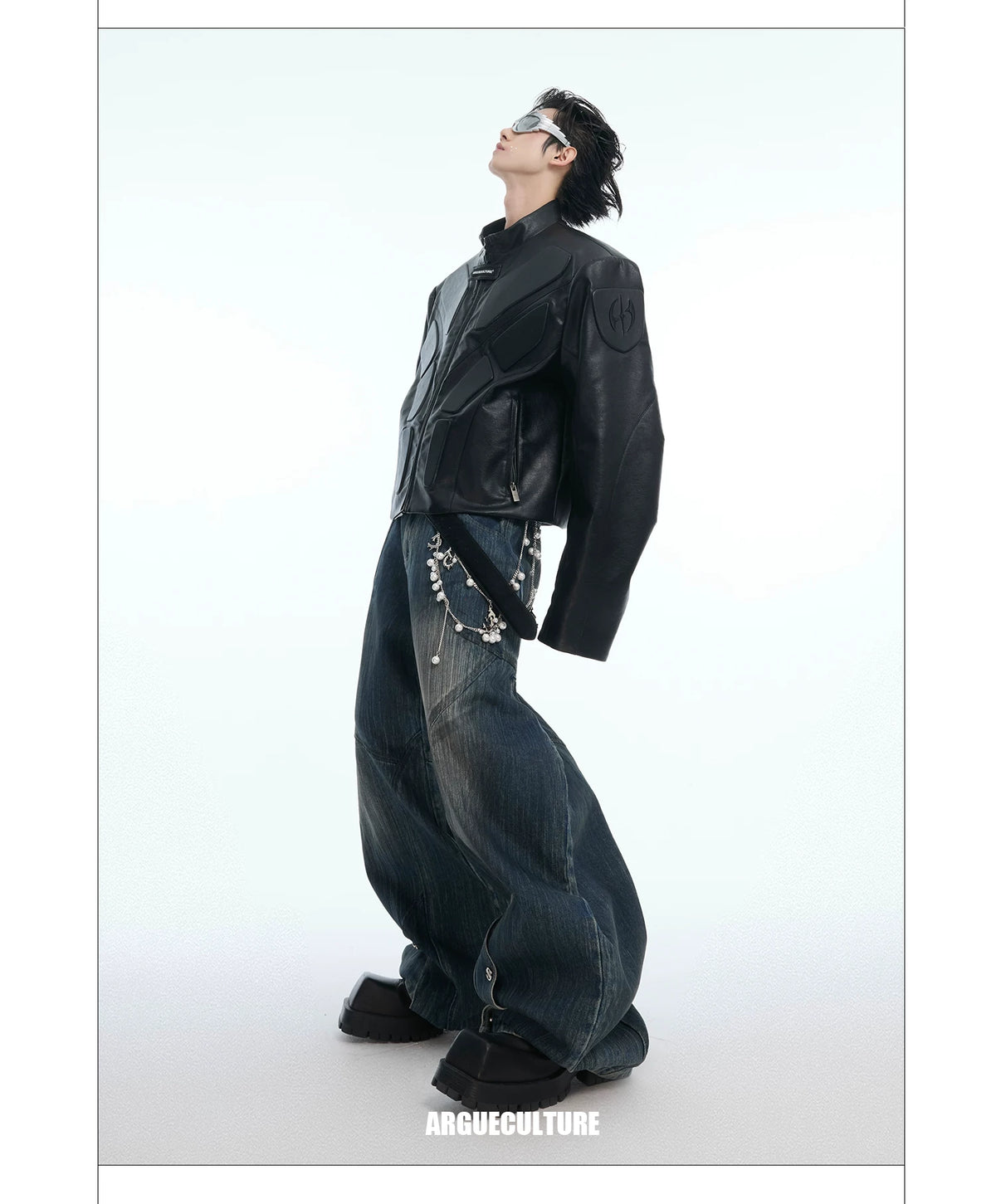 Deconstructed Relief Stand-Collar PU Jacket - description image 19