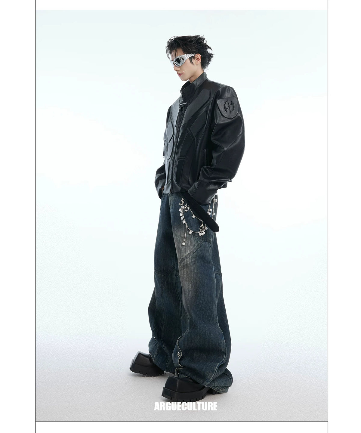 Deconstructed Relief Stand-Collar PU Jacket - description image 21
