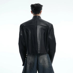 Deconstructed Relief Stand-Collar PU Jacket - main image 3