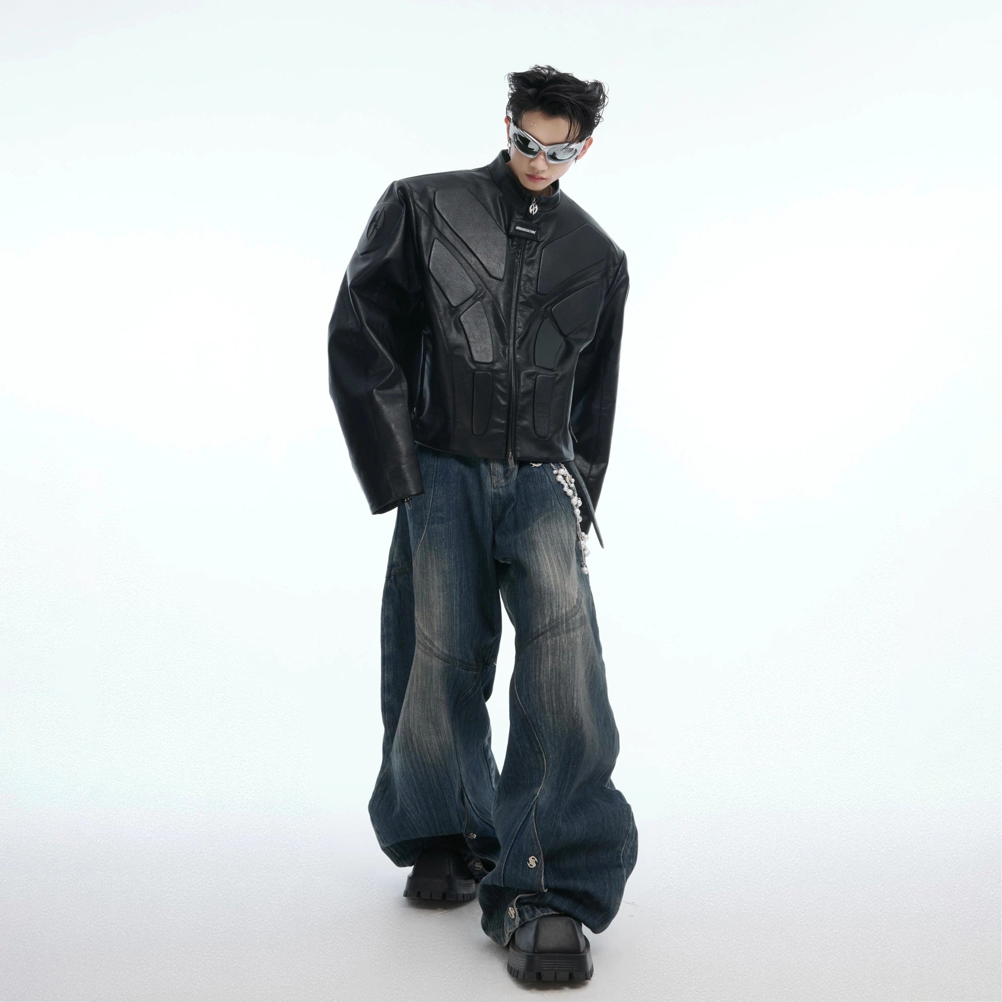 Deconstructed Relief Stand-Collar PU Jacket - main image 5
