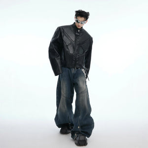 Deconstructed Relief Stand-Collar PU Jacket - main image 5