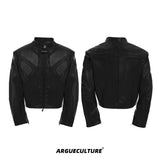 Deconstructed Relief Stand-Collar PU Jacket - Black