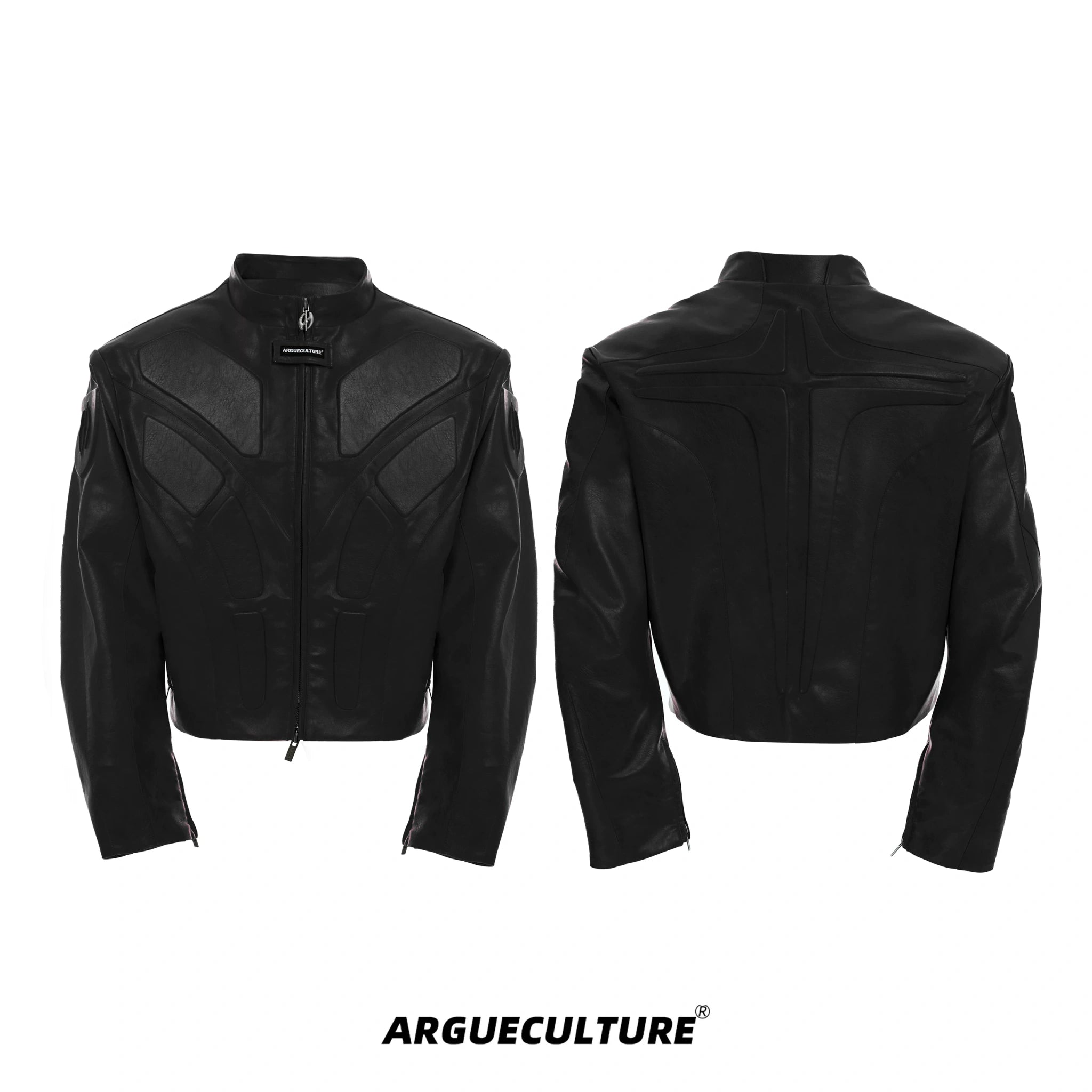Deconstructed Relief Stand-Collar PU Jacket - Black