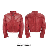Deconstructed Relief Stand-Collar PU Jacket - Red