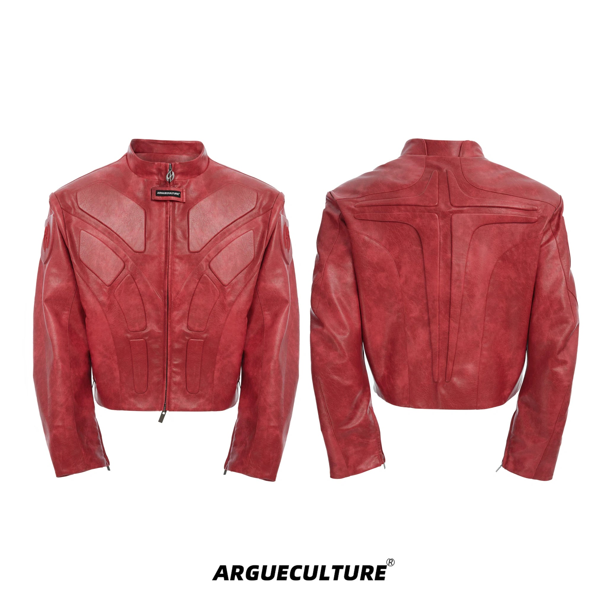 Deconstructed Relief Stand-Collar PU Jacket - Red
