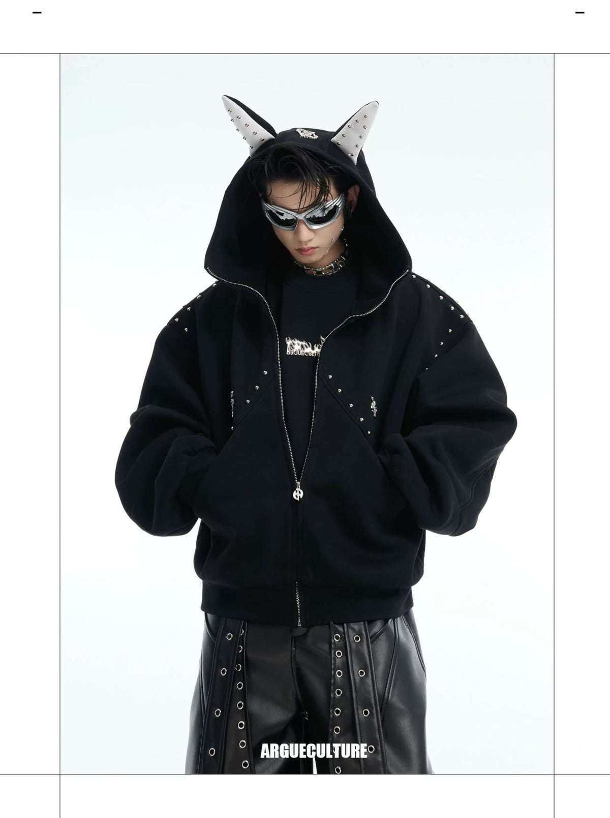 Relaxed Doberman-Ear Rivet Zip Hoodie Jacket - description image 1