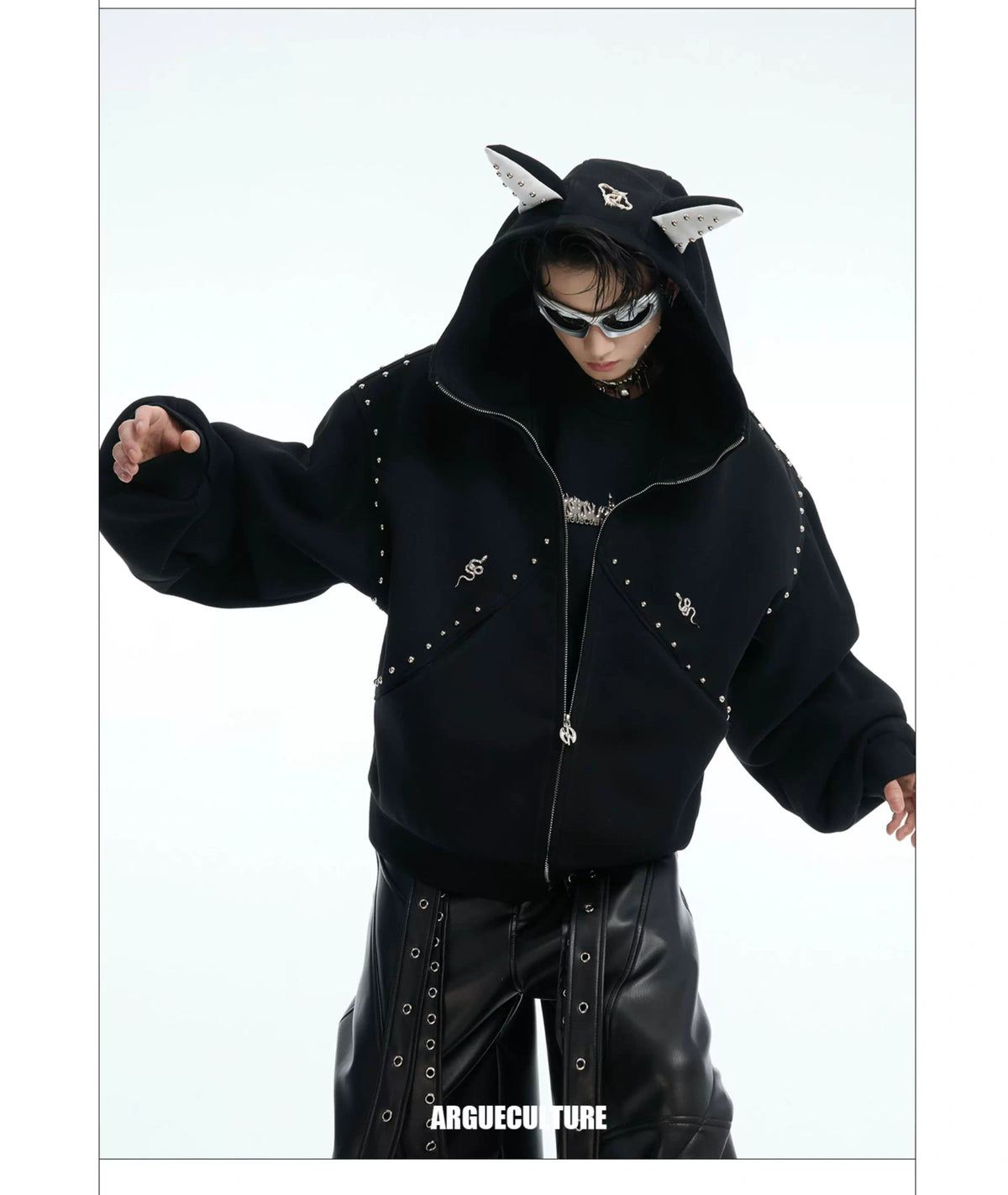 Relaxed Doberman-Ear Rivet Zip Hoodie Jacket - description image 2