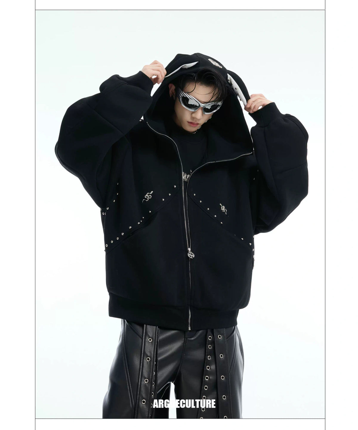 Relaxed Doberman-Ear Rivet Zip Hoodie Jacket - description image 3