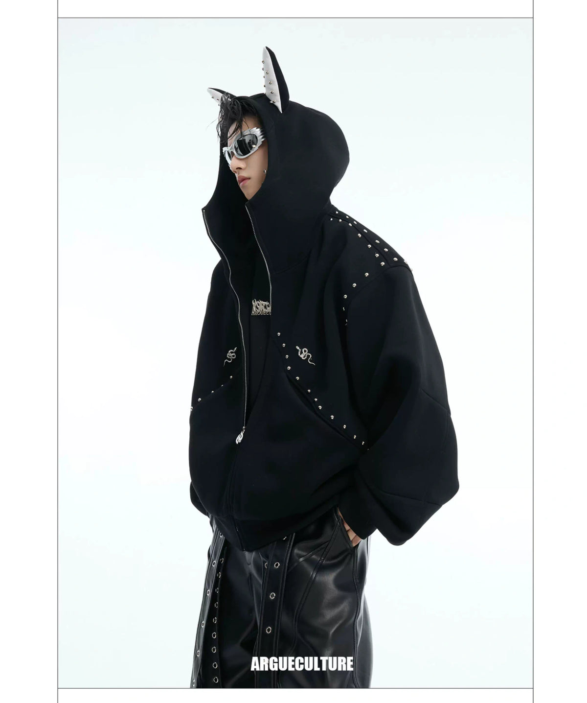 Relaxed Doberman-Ear Rivet Zip Hoodie Jacket - description image 4