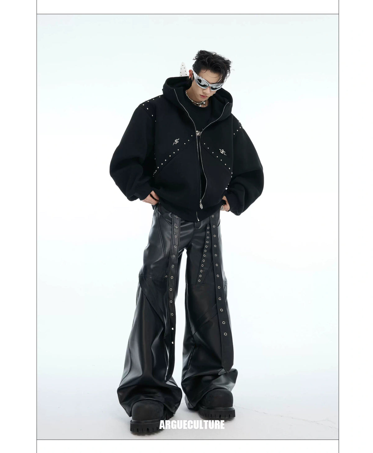 Relaxed Doberman-Ear Rivet Zip Hoodie Jacket - description image 6